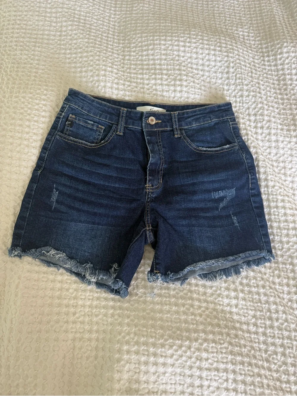 KanCan Dark Blue Distressed Frayed Hem Jean Shorts